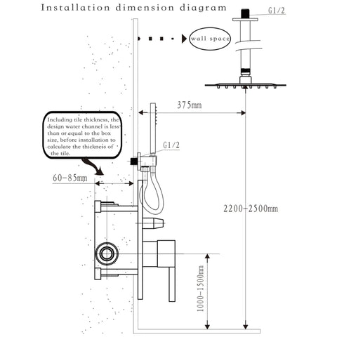 Installation diagram for Dope 16 Inch Matte Black Shower System With Rainfall Head And Handheld Ceiling Mounted Bathroom Kit