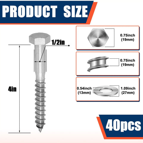 Product size chart for 40 Pack One Half Inch By Four Inch Stainless Steel Lag Bolts With Forty Washers Kit For Outdoor Wood Projects Decks Fences Heavy Duty Hardware Built To Last In Humid Environments.