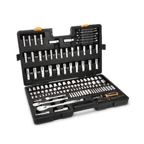 185 Piece Pro Grade Mechanics Hand Tool Set with 1/4, 3/8, and 1/2 inch drive ratchets in open black case