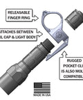 Diagram of Switchback Large 2.0 Flashlight Ring With Pocket Clip For 1-Inch Tactical Lights, Finger Retention Loop, Made In USA.