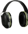 Black earmuffs with green accents, Low Profile Hearing Earmuff For Rifle And Shotgun Hunting, NRR 24 dB, padded cups, side view.