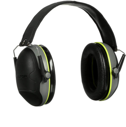 Black earmuffs with green accents, Low Profile Hearing Earmuff For Rifle And Shotgun Hunting, NRR 24 dB, padded cups, side view.