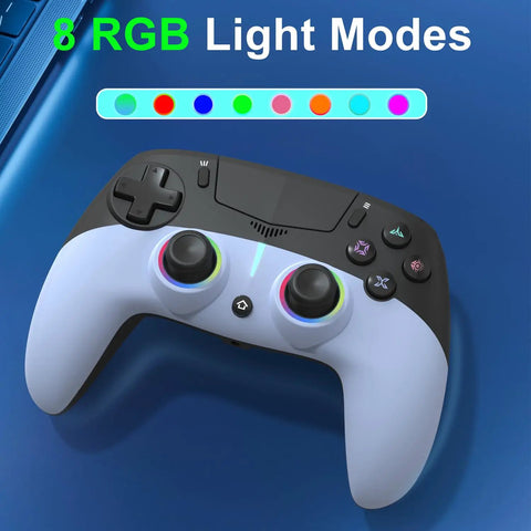 Wireless PS5 Controller With Back Buttons, dual vibration, seen with 8 RGB light modes on blue background
