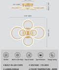 Modern LED Ceiling Light With Six Ring Gold Finish Flush Mount Fixture 4000K Neutral White Lighting dimensions and features