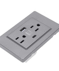 Heavy Duty Grey Decorator Wall Outlet With Built In Usb And Type C Ports Solid As A Rock Design angled view with USB and Type C.