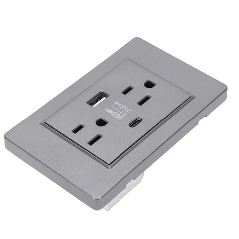 Top Shelf Grey 15 Amp Electrical Wall Outlet With Dual USB Charging Ports And Wall Plate Plug And Play Design for easy installation.