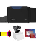 Dual Sided ID Card Printer With Complete Supplies Kit And Silver Edition Software Drops Knockout One Pass Prints At 300 DPI, front view with ribbons and cards.