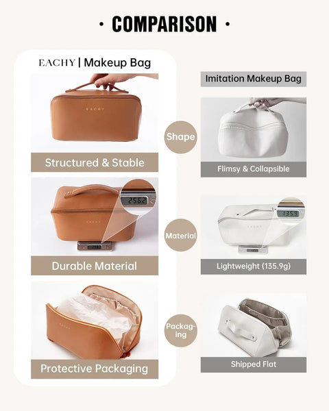 Comparison of structured, durable brown travel makeup bag for women with large capacity versus flimsy white imitation.