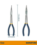11 Inch Long Reach Needle Nose Pliers Three Piece Set With Straight 45 Degree Bent And 90 Degree Bent Heads For Electrical Repair And DIY Projects Pro Grade Heavy Duty Carbon Steel Hand Tools Kit product image showing size in inches and cm.