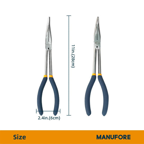 11 Inch Long Reach Needle Nose Pliers Three Piece Set With Straight 45 Degree Bent And 90 Degree Bent Heads For Electrical Repair And DIY Projects Pro Grade Heavy Duty Carbon Steel Hand Tools Kit product image showing size in inches and cm.