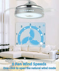 Retractable Ceiling Fan With Lights And Bluetooth Speaker, 42 Inch, mounted in a living room with wind speed settings display.