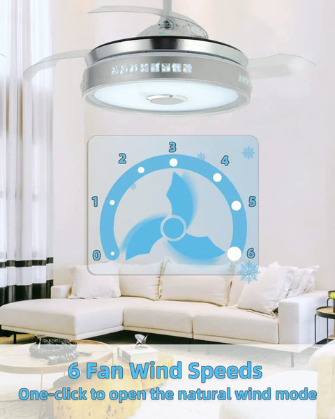 Retractable Ceiling Fan With Lights And Bluetooth Speaker, 42 Inch, mounted in a living room with wind speed settings display.