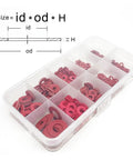 Insulated Red Steel Paper Gasket Spacer Set Kit With 415 And 1105 Pieces M2 M2.5 M3 M4 M5 M6 M8 M10 M12 Washers And Ring Pads For DIY Home Repairs And Everyday Projects, compartment box and size diagram
