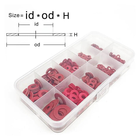 Insulated Red Steel Paper Gasket Spacer Set Kit With 415 And 1105 Pieces M2 M2.5 M3 M4 M5 M6 M8 M10 M12 Washers And Ring Pads For DIY Home Repairs And Everyday Projects, compartment box and size diagram