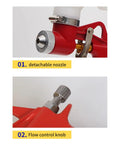 Straight Up Professional Paint Sprayer With Rock Solid Aluminum Tank And Elbow Style Design Featuring Quick Disconnect Adapter showing detachable nozzle and flow control knob.
