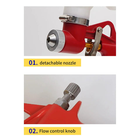 Straight Up Professional Paint Sprayer With Rock Solid Aluminum Tank And Elbow Style Design Featuring Quick Disconnect Adapter showing detachable nozzle and flow control knob.