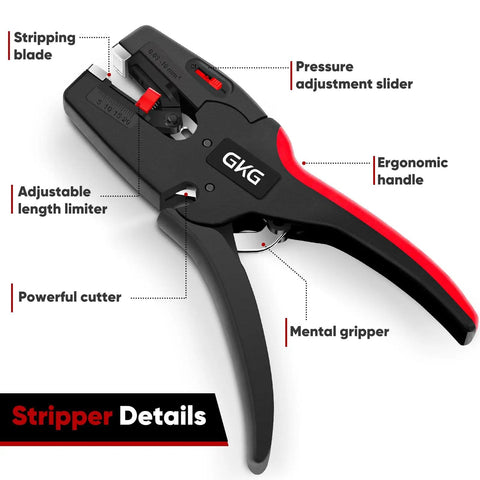 Automatic Wire Stripper With Cutter 2 In 1 Self Adjusting Electrical Stripping Tool for 7-32 AWG Wires with labeled features.