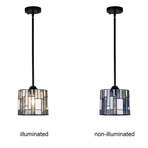 Blue Tiffany Pendant Light Dope 8 Inch Wide Adjustable Hanging Ceiling Lamp With 10 Inch Tubes, illuminated and non-illuminated view