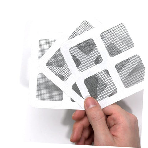 DIY Window And Door Screen Patch Kit With 20 Fiberglass Mesh Patches for quick fixes, shown as rectangular patches of light grey mesh