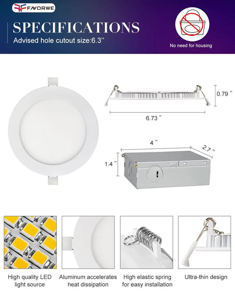 Specifications of Four Pack 6 Inch LED WiFi Recessed Lighting Downlights 12W 1200 Lumen Dimmable With Junction Box Smart App And Voice Control