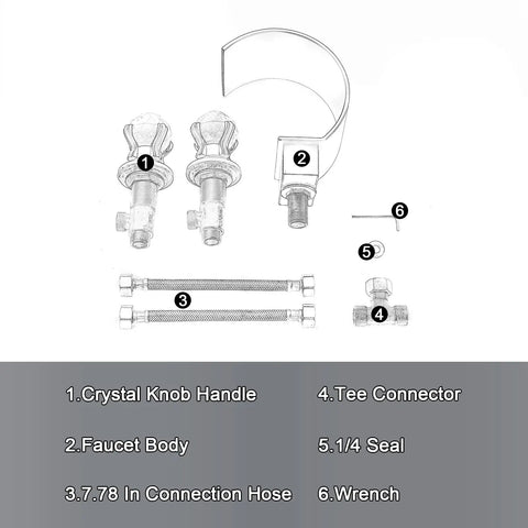 Parts diagram for Chrome Bathroom Sink Faucet With 3 Holes And 2 Handles Crystal Knobs High Arc Waterfall Spout Vanity Basin Mixer