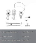 Gold Bathroom Sink Faucet With 3 Hole 2 Handle Crystal Knobs High Arc Waterfall Spout 8 Inch Widespread Vanity Basin Mixer Tap Solid Brass Ceramic Disc No Drip Tub Filler Option For Modern Bathrooms components including crystal knob handle, faucet body, and connection hose.