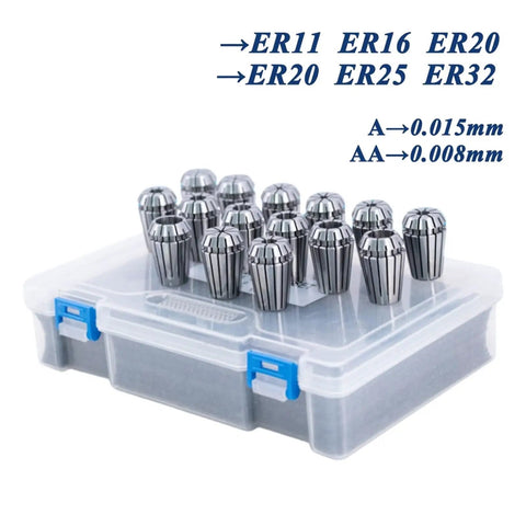 Top Grade High Precision Spring Collet Set For Your CNC And Drill Setup Featuring ER11 ER16 ER20 ER25 ER32 ER40 Sizes in a clear box.