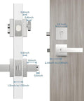 Two Pack Keyed Entry Lever and Deadbolt Lockset With Polished Chrome Finish, detailed measurements on wood door installation.