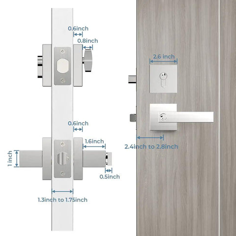 Two Pack Keyed Entry Lever and Deadbolt Lockset With Polished Chrome Finish, detailed measurements on wood door installation.