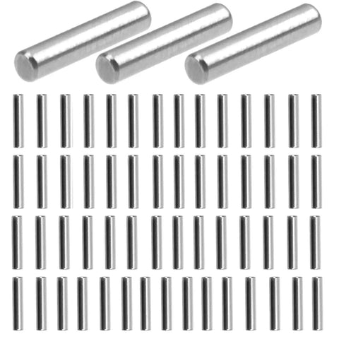 Built Tough Precision Ground 2mm X 10mm Dowel Pins 60 Pack Stainless Steel shelf support pegs arranged in grid.