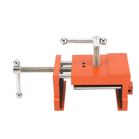 Badass Cabinet Clamps 2 Pack For Real Woodworking Projects With Flip Side Pilot Drill Guide Heavy Duty Aluminum Build 440 Pound Holding Power Fits One Point Five To Two Inch Door Stiles. Orange cabinet clamp showing heavy-duty aluminum construction.