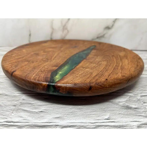12 Inch Mesquite Wood Lazy Susan With Green Accent Go To Round Kitchen Turntable Rotating Tray For Pantry Cabinet Storage And Tabletop Organization, Solid Wooden Circular Organizer For Counters And Dining Tables