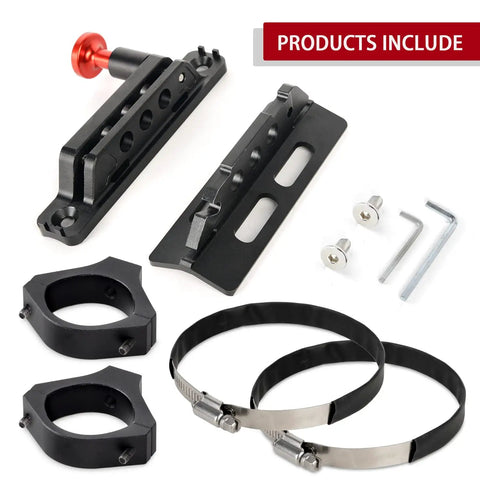 Adjustable Roll Bar Fire Extinguisher Mount For 1.75 To 2 Inch Cages, aluminum alloy quick-release bracket, screws, and tools.