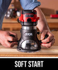 All In One Router Table And 10 Amp Fixed Base Router Kit With Above The Table Adjustment in use on a wooden board.