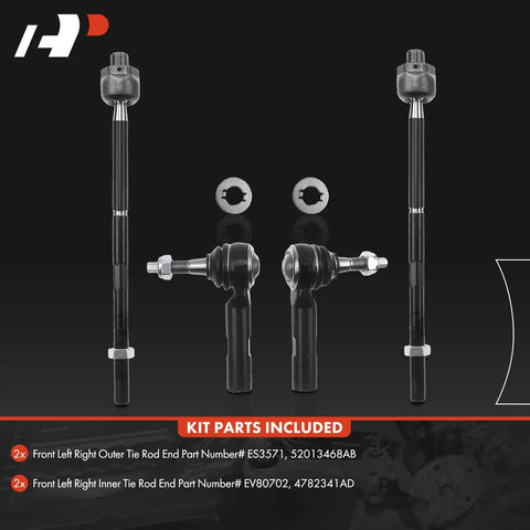 Front Inner And Outer Tie Rod End Kit Fits Dodge Challenger Charger Magnum And Chrysler 300 For RWD Models 2005 2010 Replacement Steering Linkage Upgrade Easy Install, 4-piece set shown