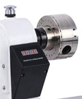 Close-up of 12x18 Inch Wood Lathe With Infinitely Variable Speed 650 To 3800 RPM, Three Quarters Horsepower Benchtop Lathe For Woodworking And Woodturning, Includes Belt And Goggles, Model WL460-12VF showing spindle and speed display