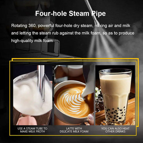Commercial Semi Automatic Espresso Machine With Dual Boiler System creating milk froth, latte art, and other hot beverages.