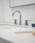 Flute High Arc Bathroom Faucet, 3-Hole 6-16 Inch Installation, WaterSense Labeled, ADA Compliant in chrome finish on white counter