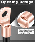 Close-up of Pro Grade Copper Wire Lugs Kit for Battery Cables with Heat Shrink showing opening design for crimping or welding