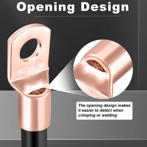 Close-up of Pro Grade Copper Wire Lugs Kit for Battery Cables with Heat Shrink showing opening design for crimping or welding