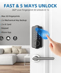 5 in 1 Keyless Entry Smart Lock with Fingerprint Deadbolt Auto Lock Touch Keypad IC Card Passcode Keys and App Control for Front Door Voice Compatible Smart Home Black, showing fingerprint sensor being used on a white door.