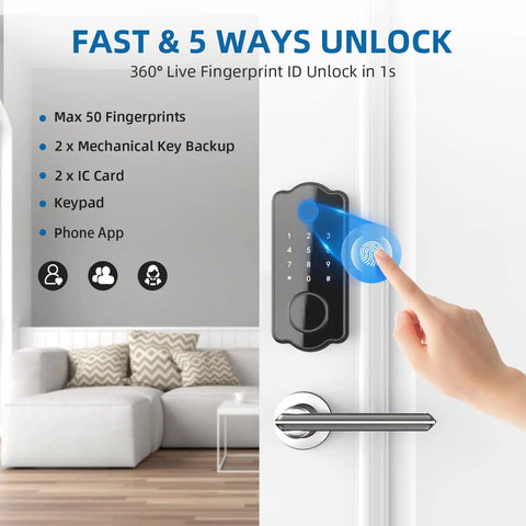5 in 1 Keyless Entry Smart Lock with Fingerprint Deadbolt Auto Lock Touch Keypad IC Card Passcode Keys and App Control for Front Door Voice Compatible Smart Home Black, showing fingerprint sensor being used on a white door.