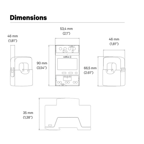 Dimensions diagram of Smart Power Meter For EV Chargers With Dynamic Load Management for home and commercial use.