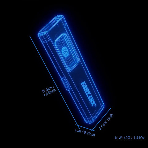 Blueprint design of Pocket EDC Flashlight With USB C Rechargeable Power, Multi Mode, Flat Non Rolling Design, dimensions shown