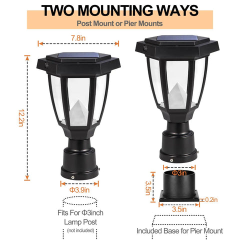 Diagram showing Solar Post Light Outdoor Garden Lamp With Pier Mount Base, Waterproof LED Fence Post Light dimensions and mounting options.
