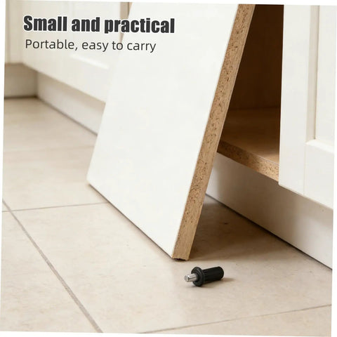 DIY Friendly Spring Loaded Cabinet Door Repair Pins Kit placed next to a detached cabinet door on tiled floor