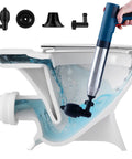 Using 5 In 1 High Pressure Air Drain Blaster Plunger Kit for Toilet Sink Bathtub Shower and Floor Drains in a toilet cutaway.