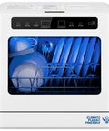 Portable Countertop Dishwasher With Five Wash Programs And Straight Setup Faucet Hookup Ideal For Small Apartments Dorms And Motorhome Cabins interior view with clean plates and utensils.