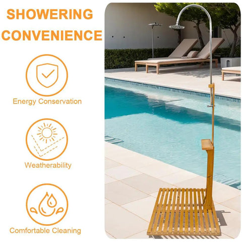 Portable Wood Outdoor Shower Kit For Backyard Poolside And Beach Use, Freestanding Shower With Sturdy Wood Frame, Grab And Go Setup, Perfect For Pools, Gardens, Patios, Spas, And Campers After Swim