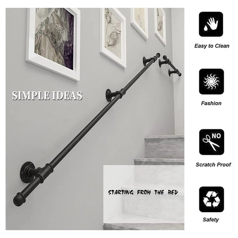 Solid Black Handrail For Indoor And Outdoor Stairs, Wrought Iron Banister With No Sweat Wall Mount, Heavy Duty Support Rail For Seniors And Little Ones, 11.5 Foot Quick Setup Guaranteed mounted along indoor staircase